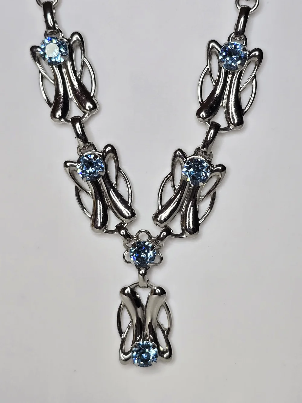 VTG 1953 Sarah Coventry Capri Necklace Blue Rhinestone Silvertone Mid Century